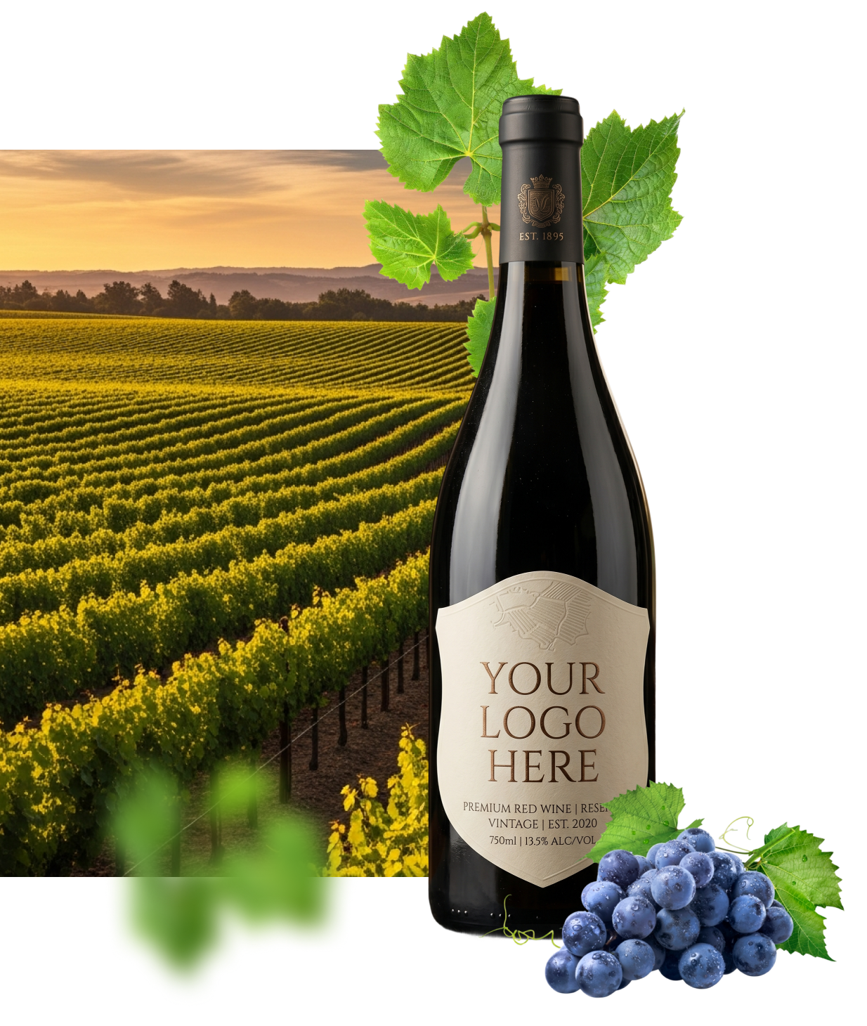 Wine bottle with vineyard