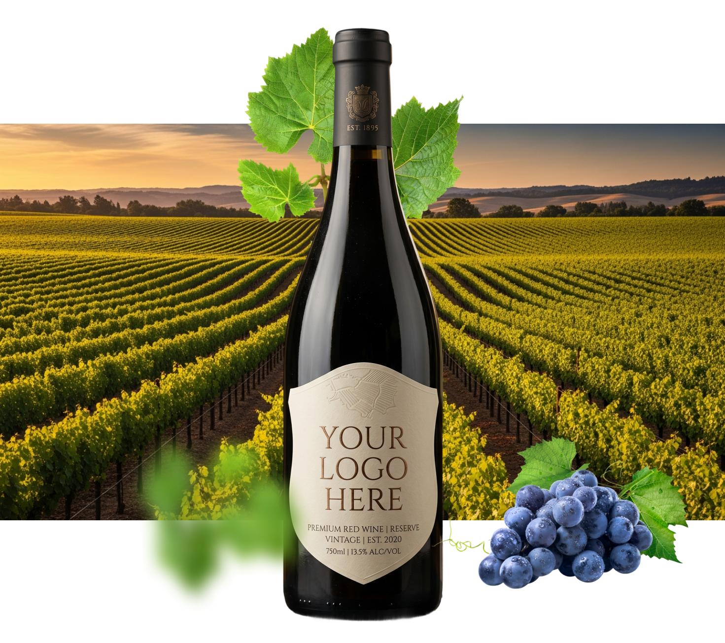 Wine bottle with vineyard